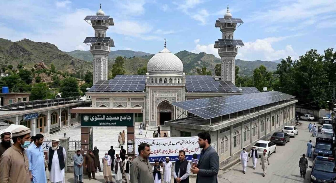 A mosque in Khyber Pakhtunkhwa with solar panels installed on its roof and minarets amidst news coverage and local observers.