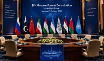 Empty diplomatic conference hall prepared for the 8th Moscow Format Consultation on Afghanistan, with Pakistan, Russia, China, Iran, Tajikistan, Uzbekistan, the Islamic Emirate of Afghanistan and other participating flags displayed behind vacant chairs.
