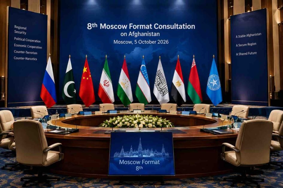 Empty diplomatic conference hall prepared for the 8th Moscow Format Consultation on Afghanistan, with Pakistan, Russia, China, Iran, Tajikistan, Uzbekistan, the Islamic Emirate of Afghanistan and other participating flags displayed behind vacant chairs.