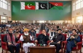 Prominent political leaders including Imran Khan, Maulana Fazlur Rehman, and regional figures seated together at a joint press conference in front of an audience and party flags.
