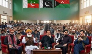 Prominent political leaders including Imran Khan, Maulana Fazlur Rehman, and regional figures seated together at a joint press conference in front of an audience and party flags.