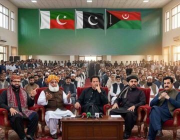 Prominent political leaders including Imran Khan, Maulana Fazlur Rehman, and regional figures seated together at a joint press conference in front of an audience and party flags.