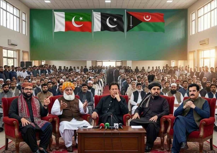 Prominent political leaders including Imran Khan, Maulana Fazlur Rehman, and regional figures seated together at a joint press conference in front of an audience and party flags.