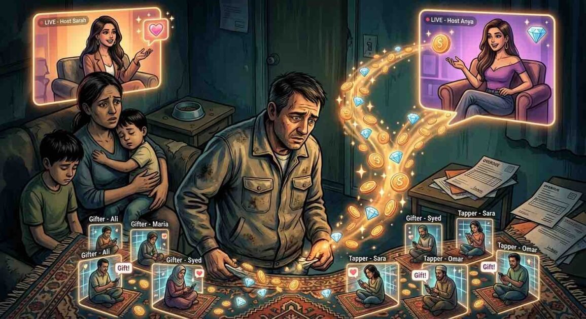 A complex editorial illustration depicting a distraught father in a dilapidated room, surrounded by multiple glowing digital screens. Two large panels show 'LIVE' streams of hosts 'Sarah' and 'Anya.' Below them, a grid of smaller screens shows various 'Gifters' (labeled Ali, Maria, Syed) and 'Tappers' (labeled Sara, Omar). Arrows show a cascade of gold coins and diamonds flowing from the hosts (particularly Anya) towards the father, who is looking at a modest pile of coins and gems. His wife and children look on sadly amidst poverty.