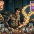 A complex editorial illustration depicting a distraught father in a dilapidated room, surrounded by multiple glowing digital screens. Two large panels show 'LIVE' streams of hosts 'Sarah' and 'Anya.' Below them, a grid of smaller screens shows various 'Gifters' (labeled Ali, Maria, Syed) and 'Tappers' (labeled Sara, Omar). Arrows show a cascade of gold coins and diamonds flowing from the hosts (particularly Anya) towards the father, who is looking at a modest pile of coins and gems. His wife and children look on sadly amidst poverty.