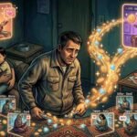 A complex editorial illustration depicting a distraught father in a dilapidated room, surrounded by multiple glowing digital screens. Two large panels show 'LIVE' streams of hosts 'Sarah' and 'Anya.' Below them, a grid of smaller screens shows various 'Gifters' (labeled Ali, Maria, Syed) and 'Tappers' (labeled Sara, Omar). Arrows show a cascade of gold coins and diamonds flowing from the hosts (particularly Anya) towards the father, who is looking at a modest pile of coins and gems. His wife and children look on sadly amidst poverty.