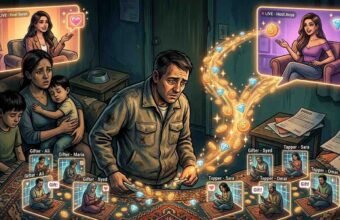 A complex editorial illustration depicting a distraught father in a dilapidated room, surrounded by multiple glowing digital screens. Two large panels show 'LIVE' streams of hosts 'Sarah' and 'Anya.' Below them, a grid of smaller screens shows various 'Gifters' (labeled Ali, Maria, Syed) and 'Tappers' (labeled Sara, Omar). Arrows show a cascade of gold coins and diamonds flowing from the hosts (particularly Anya) towards the father, who is looking at a modest pile of coins and gems. His wife and children look on sadly amidst poverty.
