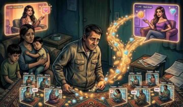 A complex editorial illustration depicting a distraught father in a dilapidated room, surrounded by multiple glowing digital screens. Two large panels show 'LIVE' streams of hosts 'Sarah' and 'Anya.' Below them, a grid of smaller screens shows various 'Gifters' (labeled Ali, Maria, Syed) and 'Tappers' (labeled Sara, Omar). Arrows show a cascade of gold coins and diamonds flowing from the hosts (particularly Anya) towards the father, who is looking at a modest pile of coins and gems. His wife and children look on sadly amidst poverty.
