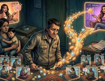 A complex editorial illustration depicting a distraught father in a dilapidated room, surrounded by multiple glowing digital screens. Two large panels show 'LIVE' streams of hosts 'Sarah' and 'Anya.' Below them, a grid of smaller screens shows various 'Gifters' (labeled Ali, Maria, Syed) and 'Tappers' (labeled Sara, Omar). Arrows show a cascade of gold coins and diamonds flowing from the hosts (particularly Anya) towards the father, who is looking at a modest pile of coins and gems. His wife and children look on sadly amidst poverty.