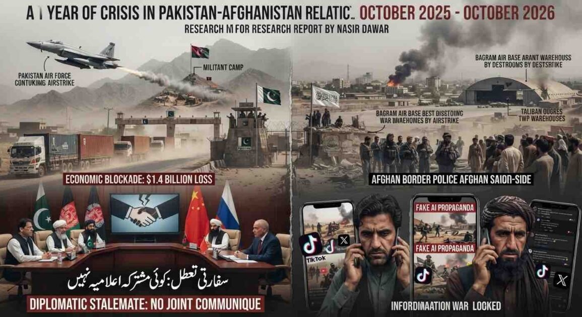 A detailed, four-part photo-montage serving as a visual executive summary of the crisis in Pakistan-Afghanistan relations from October 2025 to October 2026. The image is headlined, "A YEAR OF CRISIS IN PAKISTAN-AFGHANISTAN RELATIONS (OCTOBER 2025 - OCTOBER 2026)" and "RESEARCH REPORT BY NASIR DAWAR". It is divided into quadrants: Top Left (Military Escalation): A Pakistan Air Force (PAF) JF-17 conducting airstrikes on a TTP militant camp. Top Right (Infrastructure Damage): Smoke rising over the Kabul skyline and the Bagram Air Base, with visible destruction of hangars and warehouses. Bottom Left (Economic & Diplomatic Failure): A long line of trucks stranded at a border gate, labeled "ECONOMIC BLOCKADE: $1.4 BILLION LOSS". Next to it, a fractured diplomatic roundtable with envoys from four nations and embedded text: "سفارتی تعطل: کوئی مشترکہ اعلامیہ نہیں" (Diplomatic Stalemate: No Joint Communique). Bottom Right (Information Warfare): Two individuals viewing mobile phones displaying AI-generated fake news, toxic social media comments, and the logos of TikTok and X.