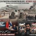 A detailed, four-part photo-montage serving as a visual executive summary of the crisis in Pakistan-Afghanistan relations from October 2025 to October 2026. The image is headlined, "A YEAR OF CRISIS IN PAKISTAN-AFGHANISTAN RELATIONS (OCTOBER 2025 - OCTOBER 2026)" and "RESEARCH REPORT BY NASIR DAWAR". It is divided into quadrants: Top Left (Military Escalation): A Pakistan Air Force (PAF) JF-17 conducting airstrikes on a TTP militant camp. Top Right (Infrastructure Damage): Smoke rising over the Kabul skyline and the Bagram Air Base, with visible destruction of hangars and warehouses. Bottom Left (Economic & Diplomatic Failure): A long line of trucks stranded at a border gate, labeled "ECONOMIC BLOCKADE: $1.4 BILLION LOSS". Next to it, a fractured diplomatic roundtable with envoys from four nations and embedded text: "سفارتی تعطل: کوئی مشترکہ اعلامیہ نہیں" (Diplomatic Stalemate: No Joint Communique). Bottom Right (Information Warfare): Two individuals viewing mobile phones displaying AI-generated fake news, toxic social media comments, and the logos of TikTok and X.
