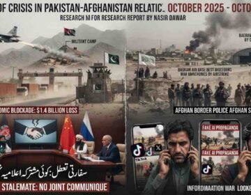 A detailed, four-part photo-montage serving as a visual executive summary of the crisis in Pakistan-Afghanistan relations from October 2025 to October 2026. The image is headlined, "A YEAR OF CRISIS IN PAKISTAN-AFGHANISTAN RELATIONS (OCTOBER 2025 - OCTOBER 2026)" and "RESEARCH REPORT BY NASIR DAWAR". It is divided into quadrants: Top Left (Military Escalation): A Pakistan Air Force (PAF) JF-17 conducting airstrikes on a TTP militant camp. Top Right (Infrastructure Damage): Smoke rising over the Kabul skyline and the Bagram Air Base, with visible destruction of hangars and warehouses. Bottom Left (Economic & Diplomatic Failure): A long line of trucks stranded at a border gate, labeled "ECONOMIC BLOCKADE: $1.4 BILLION LOSS". Next to it, a fractured diplomatic roundtable with envoys from four nations and embedded text: "سفارتی تعطل: کوئی مشترکہ اعلامیہ نہیں" (Diplomatic Stalemate: No Joint Communique). Bottom Right (Information Warfare): Two individuals viewing mobile phones displaying AI-generated fake news, toxic social media comments, and the logos of TikTok and X.