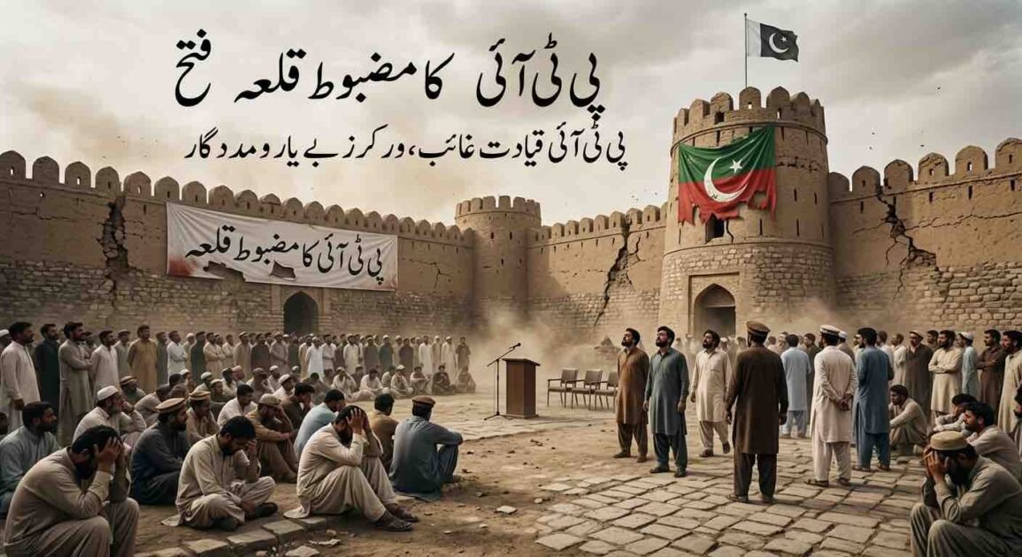 An editorial illustration of hundreds of distressed men gathered in the dusty courtyard of a large, cracked ancient stone fortress. Prominent white Urdu text at the top reads, 'P.T.I.'s strong fort is conquered,' and below it, 'P.T.I. leadership is missing, workers are helpless.' A banner on the fort wall says, 'P.T.I.'s strong fort.' Tattered flags hang from the ramparts. The scene conveys a sense of defeat and abandonment, with men seated sadly on the ground and an empty podium.