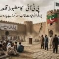 An editorial illustration of hundreds of distressed men gathered in the dusty courtyard of a large, cracked ancient stone fortress. Prominent white Urdu text at the top reads, 'P.T.I.'s strong fort is conquered,' and below it, 'P.T.I. leadership is missing, workers are helpless.' A banner on the fort wall says, 'P.T.I.'s strong fort.' Tattered flags hang from the ramparts. The scene conveys a sense of defeat and abandonment, with men seated sadly on the ground and an empty podium.
