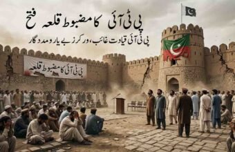 An editorial illustration of hundreds of distressed men gathered in the dusty courtyard of a large, cracked ancient stone fortress. Prominent white Urdu text at the top reads, 'P.T.I.'s strong fort is conquered,' and below it, 'P.T.I. leadership is missing, workers are helpless.' A banner on the fort wall says, 'P.T.I.'s strong fort.' Tattered flags hang from the ramparts. The scene conveys a sense of defeat and abandonment, with men seated sadly on the ground and an empty podium.