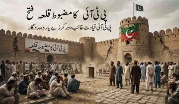 An editorial illustration of hundreds of distressed men gathered in the dusty courtyard of a large, cracked ancient stone fortress. Prominent white Urdu text at the top reads, 'P.T.I.'s strong fort is conquered,' and below it, 'P.T.I. leadership is missing, workers are helpless.' A banner on the fort wall says, 'P.T.I.'s strong fort.' Tattered flags hang from the ramparts. The scene conveys a sense of defeat and abandonment, with men seated sadly on the ground and an empty podium.