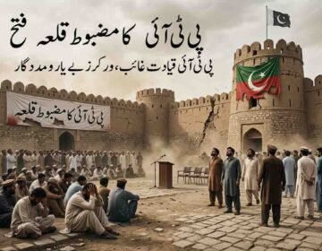 An editorial illustration of hundreds of distressed men gathered in the dusty courtyard of a large, cracked ancient stone fortress. Prominent white Urdu text at the top reads, 'P.T.I.'s strong fort is conquered,' and below it, 'P.T.I. leadership is missing, workers are helpless.' A banner on the fort wall says, 'P.T.I.'s strong fort.' Tattered flags hang from the ramparts. The scene conveys a sense of defeat and abandonment, with men seated sadly on the ground and an empty podium.