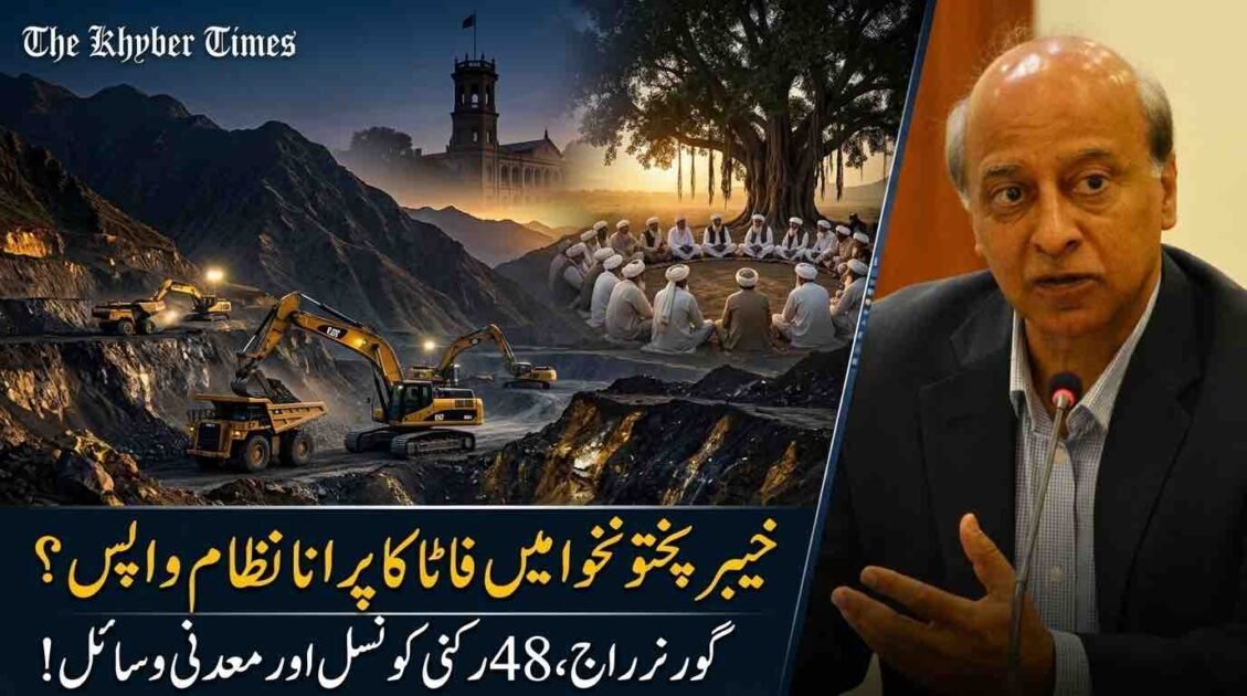 A detailed split-screen news thumbnail collage with a diagonal split and dramatic blue and gold lighting. The left panel shows distant KP mountains, a historic Governor's House, a circle of tribal elders (jirga) in white around a tree, and a modern construction and mining operation with excavators below. The right panel features a recognizable portrait of senior analyst Imtiaz Gul in a suit, gesturing. Urdu Nastaliq text below reads (in yellow and white): 'خیبر پختونخوا میں فاٹا کا پرانا نظام واپس؟' (Will the old FATA system return in KP?) and 'گورنر راج، 48 رکنی کونسل اور معدنی وسائل!' (Governor Rule, 48-member Council, and Mineral Resources!). 'The Khyber Times' logo is in the top-left corner.