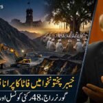 A detailed split-screen news thumbnail collage with a diagonal split and dramatic blue and gold lighting. The left panel shows distant KP mountains, a historic Governor's House, a circle of tribal elders (jirga) in white around a tree, and a modern construction and mining operation with excavators below. The right panel features a recognizable portrait of senior analyst Imtiaz Gul in a suit, gesturing. Urdu Nastaliq text below reads (in yellow and white): 'خیبر پختونخوا میں فاٹا کا پرانا نظام واپس؟' (Will the old FATA system return in KP?) and 'گورنر راج، 48 رکنی کونسل اور معدنی وسائل!' (Governor Rule, 48-member Council, and Mineral Resources!). 'The Khyber Times' logo is in the top-left corner.