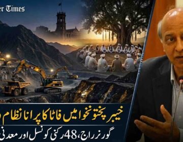 A detailed split-screen news thumbnail collage with a diagonal split and dramatic blue and gold lighting. The left panel shows distant KP mountains, a historic Governor's House, a circle of tribal elders (jirga) in white around a tree, and a modern construction and mining operation with excavators below. The right panel features a recognizable portrait of senior analyst Imtiaz Gul in a suit, gesturing. Urdu Nastaliq text below reads (in yellow and white): 'خیبر پختونخوا میں فاٹا کا پرانا نظام واپس؟' (Will the old FATA system return in KP?) and 'گورنر راج، 48 رکنی کونسل اور معدنی وسائل!' (Governor Rule, 48-member Council, and Mineral Resources!). 'The Khyber Times' logo is in the top-left corner.